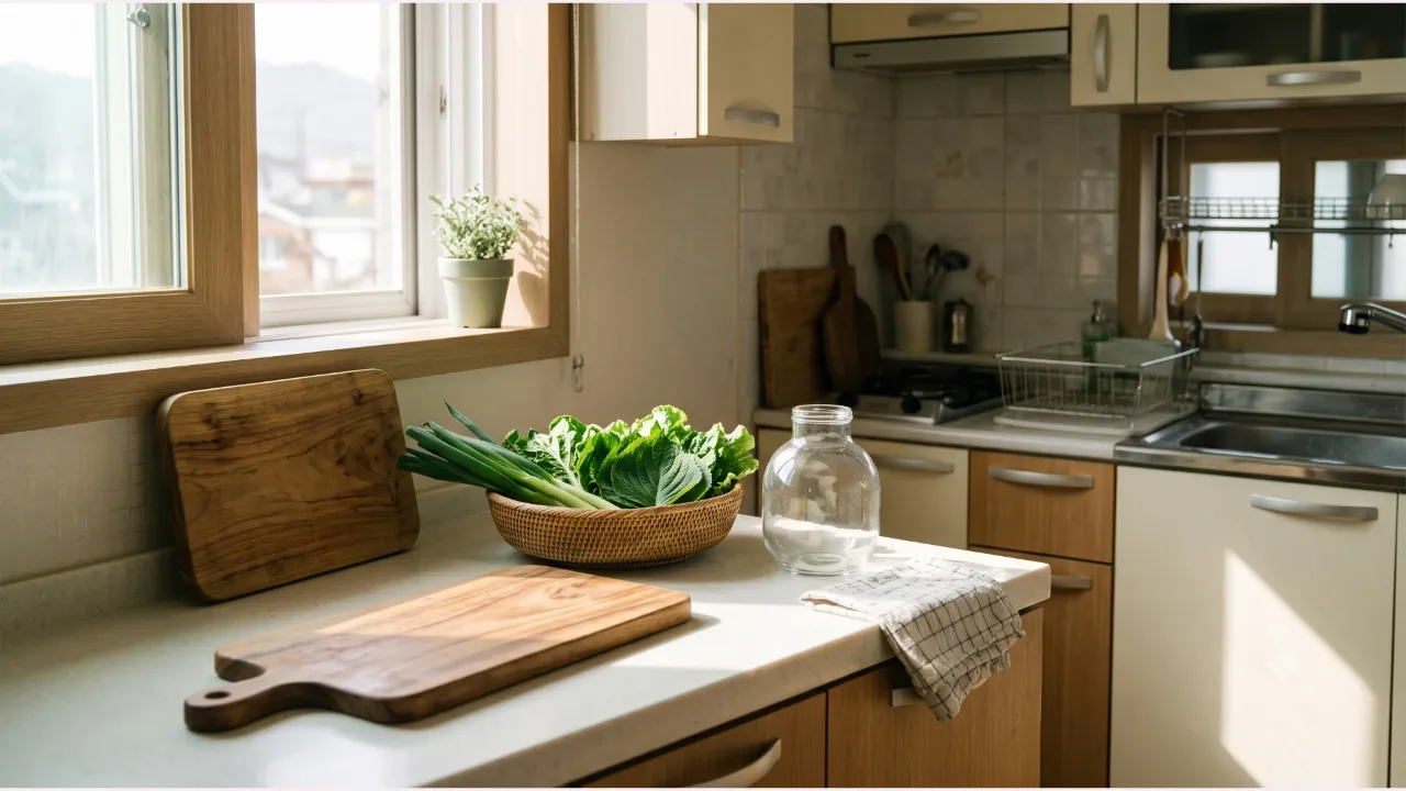 A wooden cutting board on a sunlit kitchen counter, a basket of green vegetables, a clear glass jar, a checkered dishcloth, and a small potted plant by the window