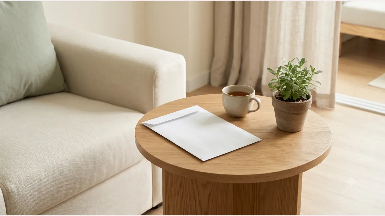 A white envelope with no lettering and a teacup holding tea on a round wooden table beside a cream sofa, with a small potted plant