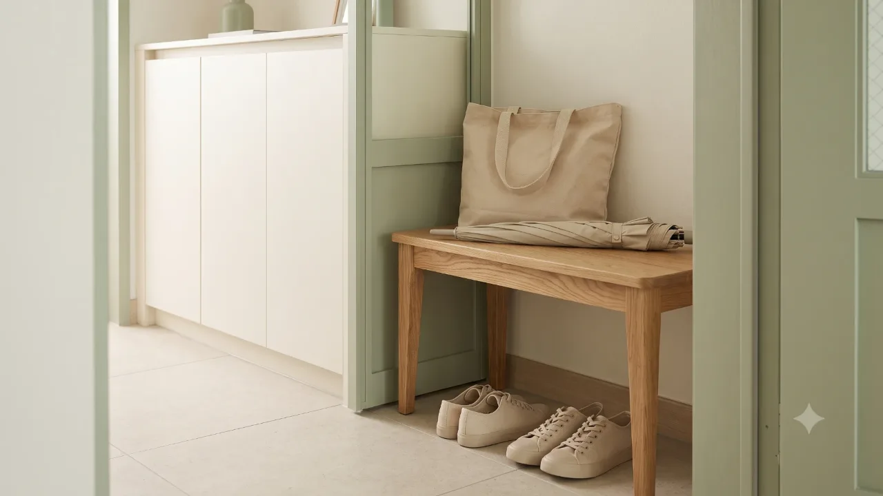 A beige cloth bag and a folded umbrella on a wooden bench in an entryway, with beige sneakers under the bench