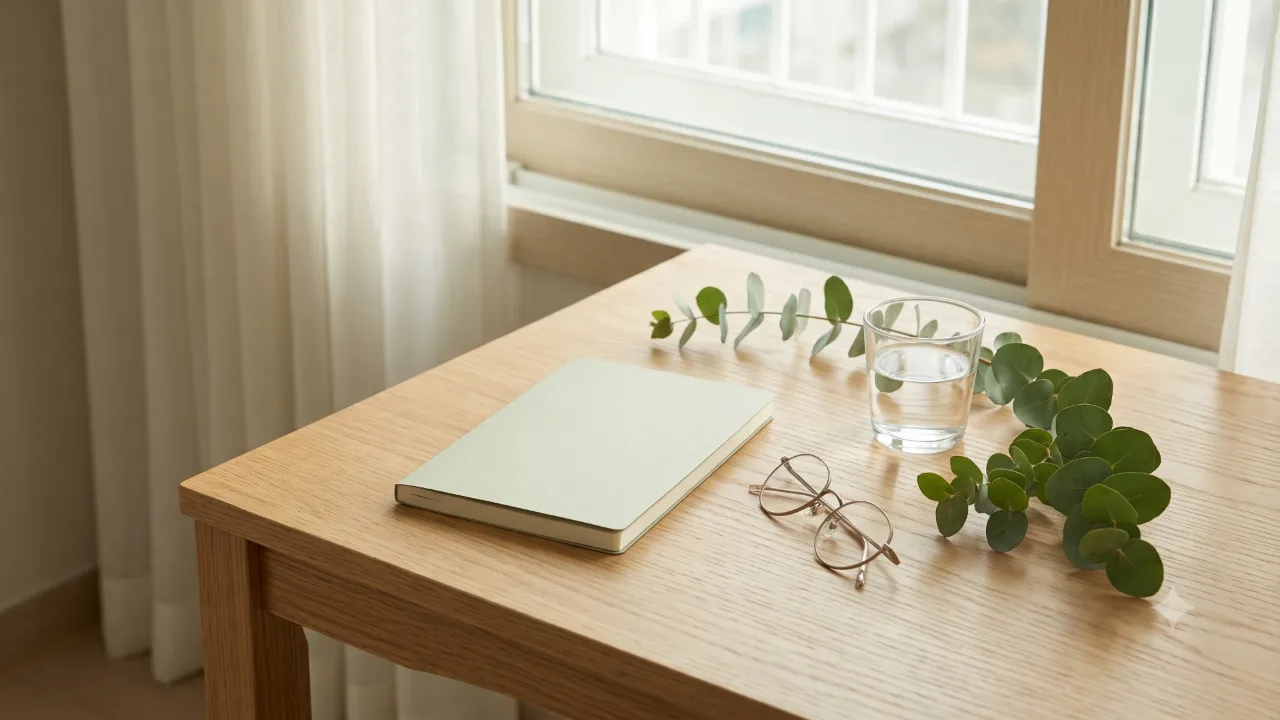 A closed notebook with no lettering on the cover, folded round glasses, a glass of water, and eucalyptus branches on a wooden table by a window