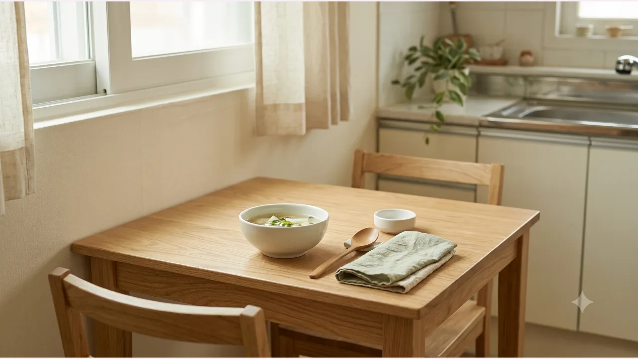 A white soup bowl of vegetable soup with a wooden spoon, a small white bowl, and a folded sage linen napkin on a wooden dining table by a window