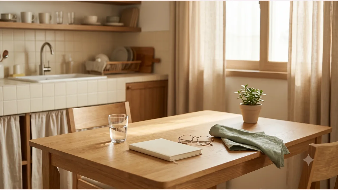 A glass of water, a closed cream notebook with no lettering, round glasses, a folded sage linen napkin, and a small potted plant on a wooden dining table in morning sunlight