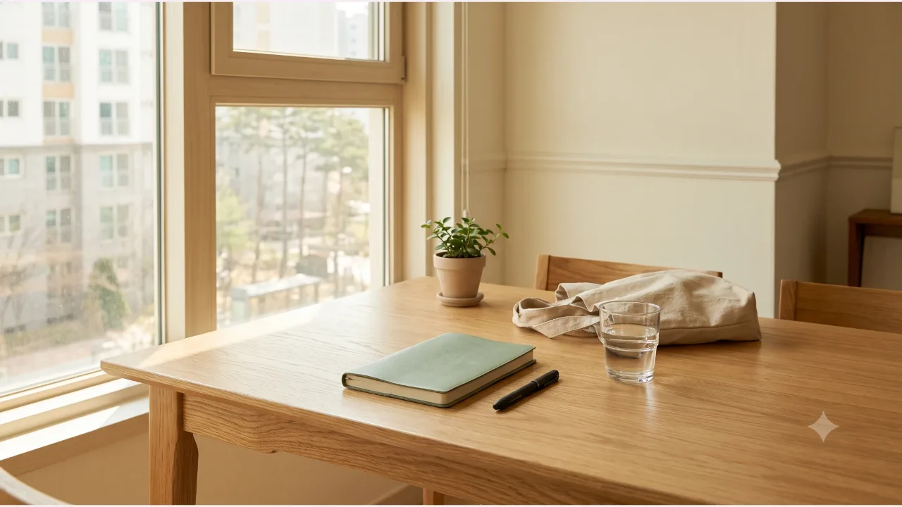 A closed sage notebook with no lettering and a black pen on a wooden desk by a window, with a glass of water, a folded beige cloth bag, and a small potted plant